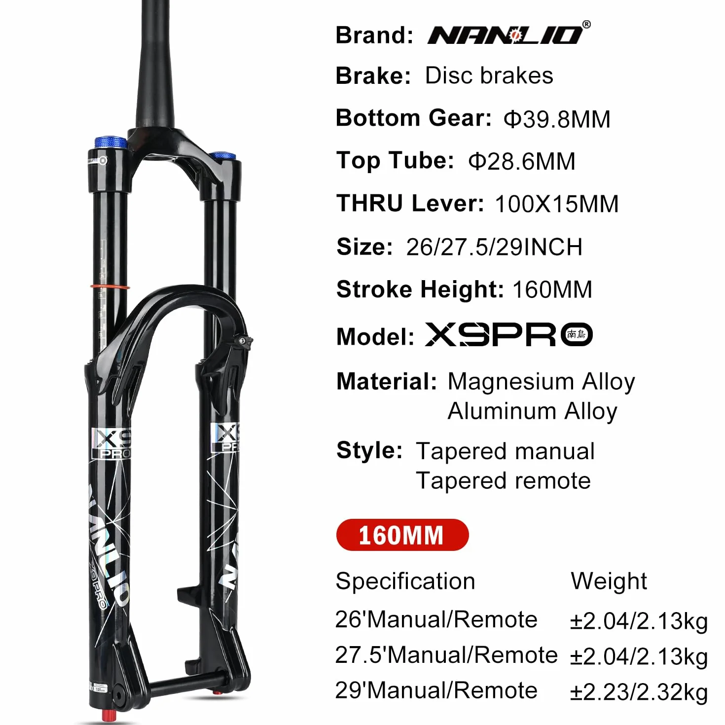Widelec rowerowy z amortyzacją X9 PRO 34 mm 26”, 27,5”, 29,5”, widelec rowerowy MTB, amortyzacja olejowo-gazowa, ręczna blokada sterowania, 140/160 mm