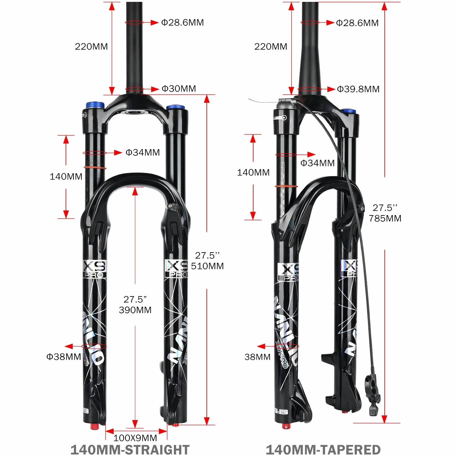Widelec rowerowy z amortyzacją X9 PRO 34 mm 26”, 27,5”, 29,5”, widelec rowerowy MTB, amortyzacja olejowo-gazowa, ręczna blokada sterowania, 140/160 mm