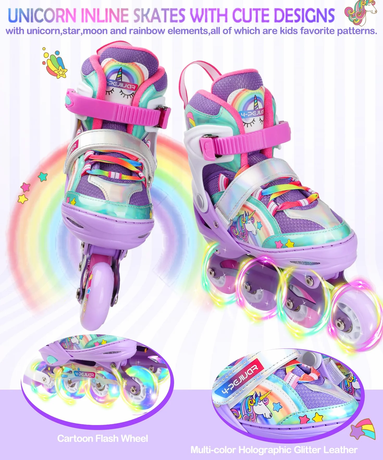 Łyżwy dla dziewczynek Unicorn Rozmiary dla dzieci z możliwością regulacji za pomocą wszystkich świecących kółek Rainbow Łyżwy dla początkujących nastolatków