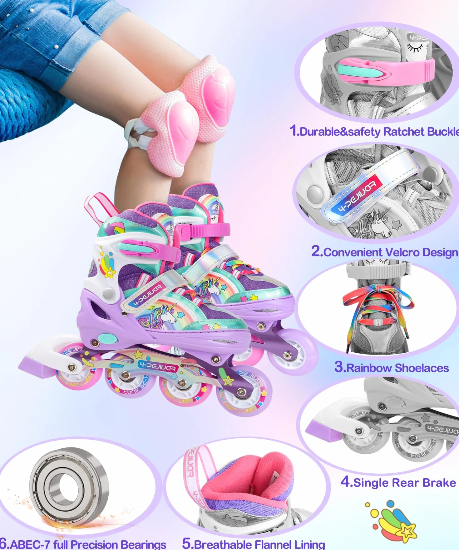 Łyżwy dla dziewczynek Unicorn Rozmiary dla dzieci z możliwością regulacji za pomocą wszystkich świecących kółek Rainbow Łyżwy dla początkujących nastolatków