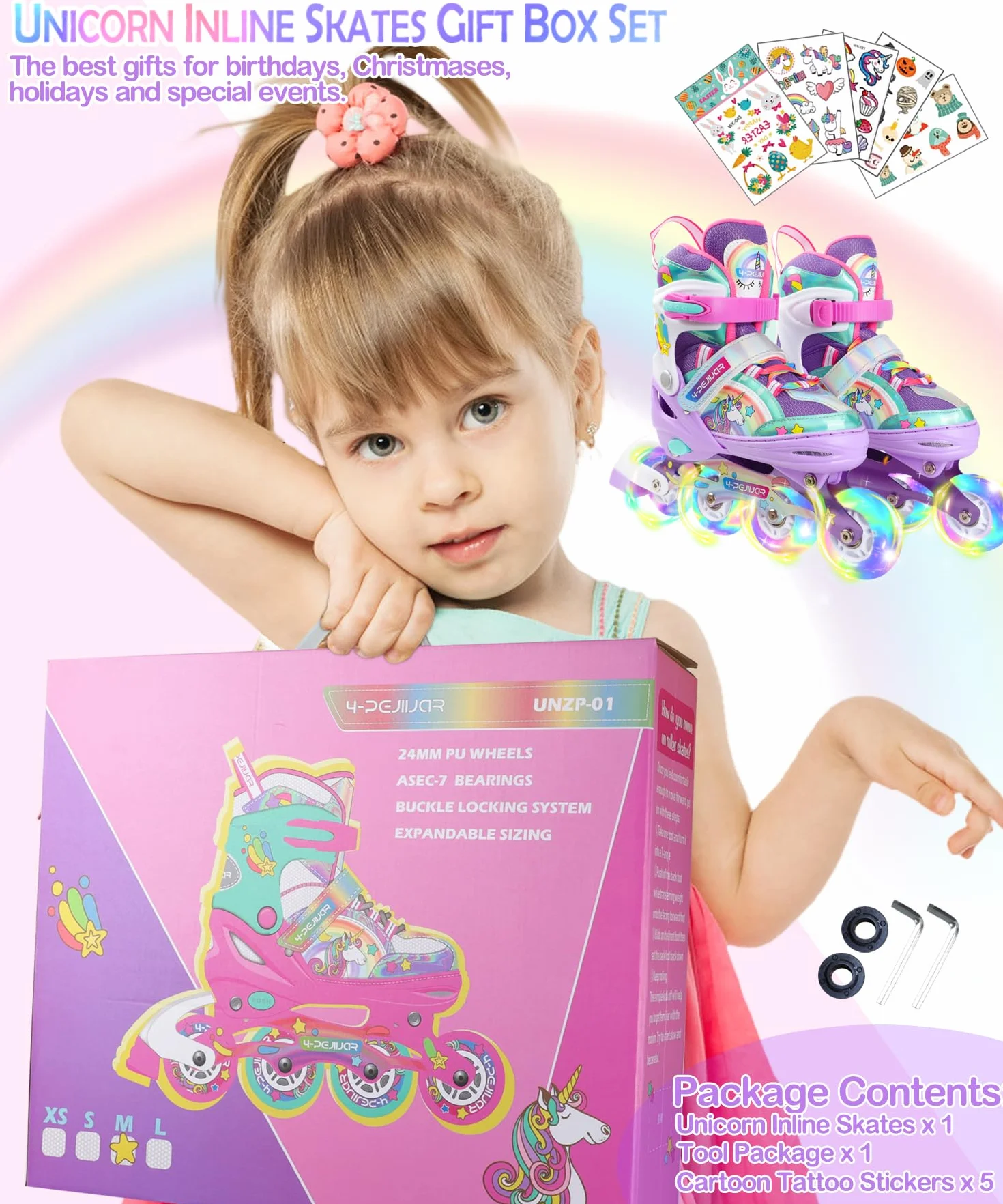 Łyżwy dla dziewczynek Unicorn Rozmiary dla dzieci z możliwością regulacji za pomocą wszystkich świecących kółek Rainbow Łyżwy dla początkujących nastolatków