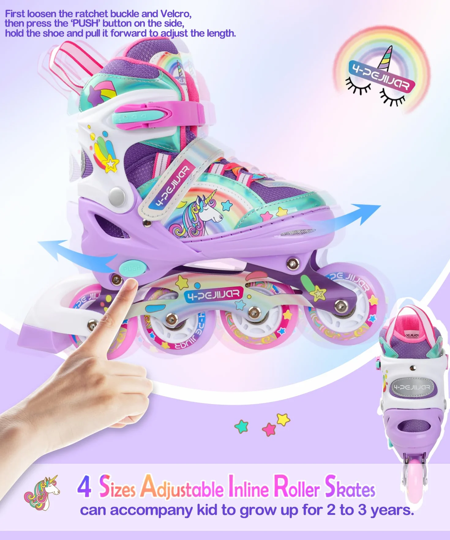 Łyżwy dla dziewczynek Unicorn Rozmiary dla dzieci z możliwością regulacji za pomocą wszystkich świecących kółek Rainbow Łyżwy dla początkujących nastolatków