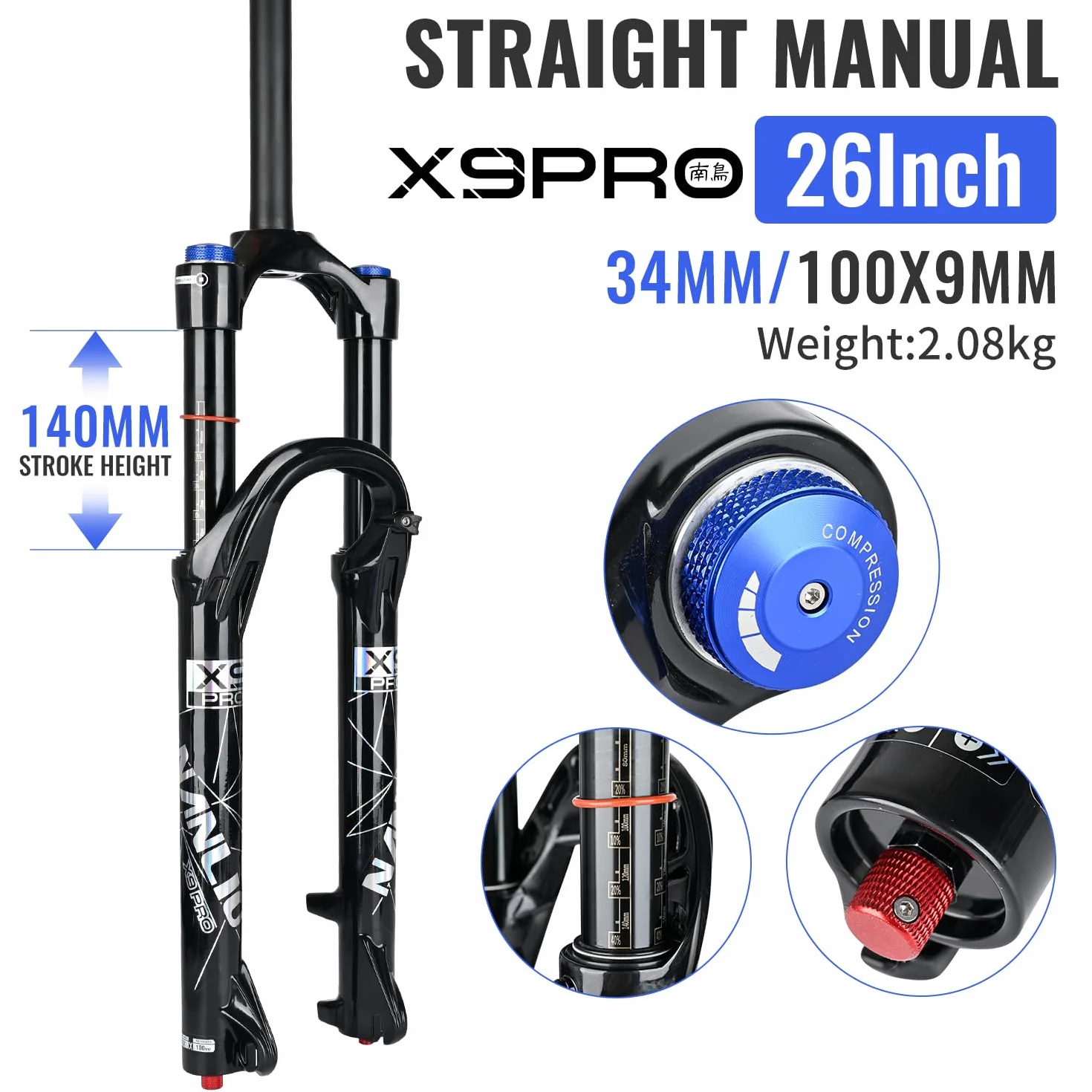 Widelec rowerowy z amortyzacją X9 PRO 34 mm 26”, 27,5”, 29,5”, widelec rowerowy MTB, amortyzacja olejowo-gazowa, ręczna blokada sterowania, 140/160 mm