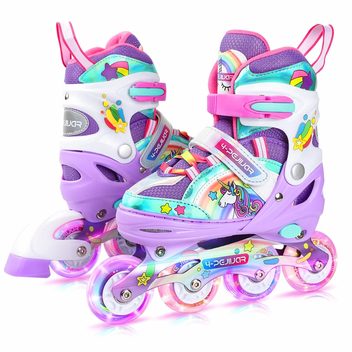 Łyżwy dla dziewczynek Unicorn Rozmiary dla dzieci z możliwością regulacji za pomocą wszystkich świecących kółek Rainbow Łyżwy dla początkujących nastolatków